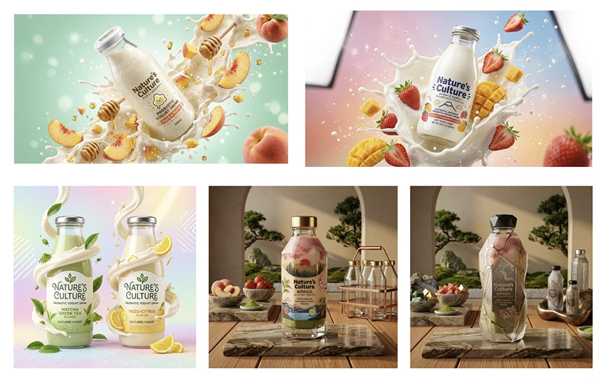 Five more generated mockups of Nature's Culture bottles: in splashes with peach and mango, with matcha and yuzu, and on stone plinths